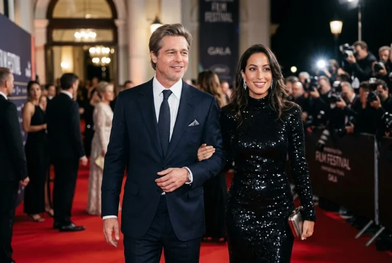 Brad Pitt and Inés de Ramón standing together at a formal event