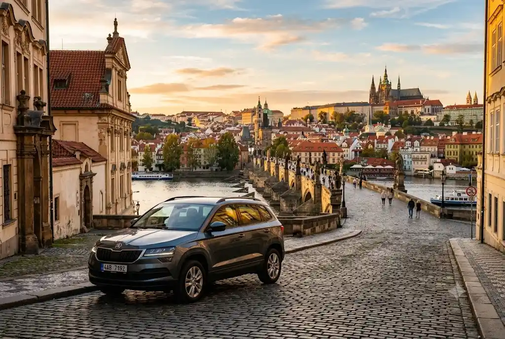 Car rental Prague vehicle parked near historic landmarks in Prague