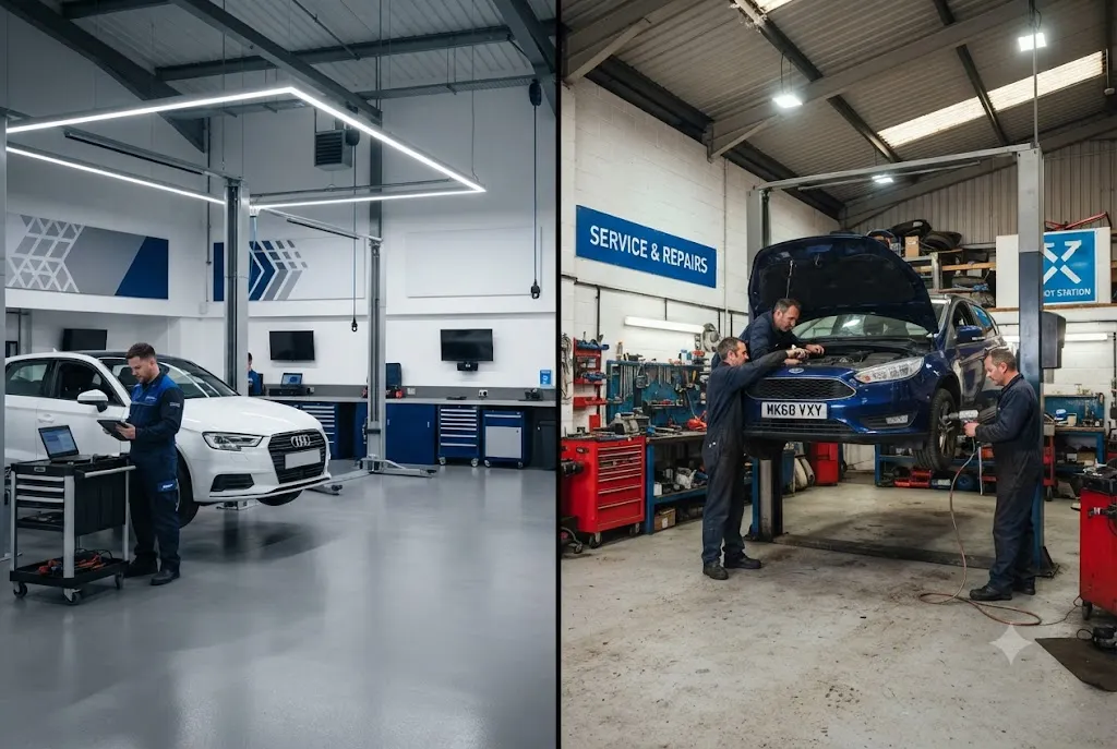 Comparison of dealer vs independent garage servicing options in professional UK automotive workshops.