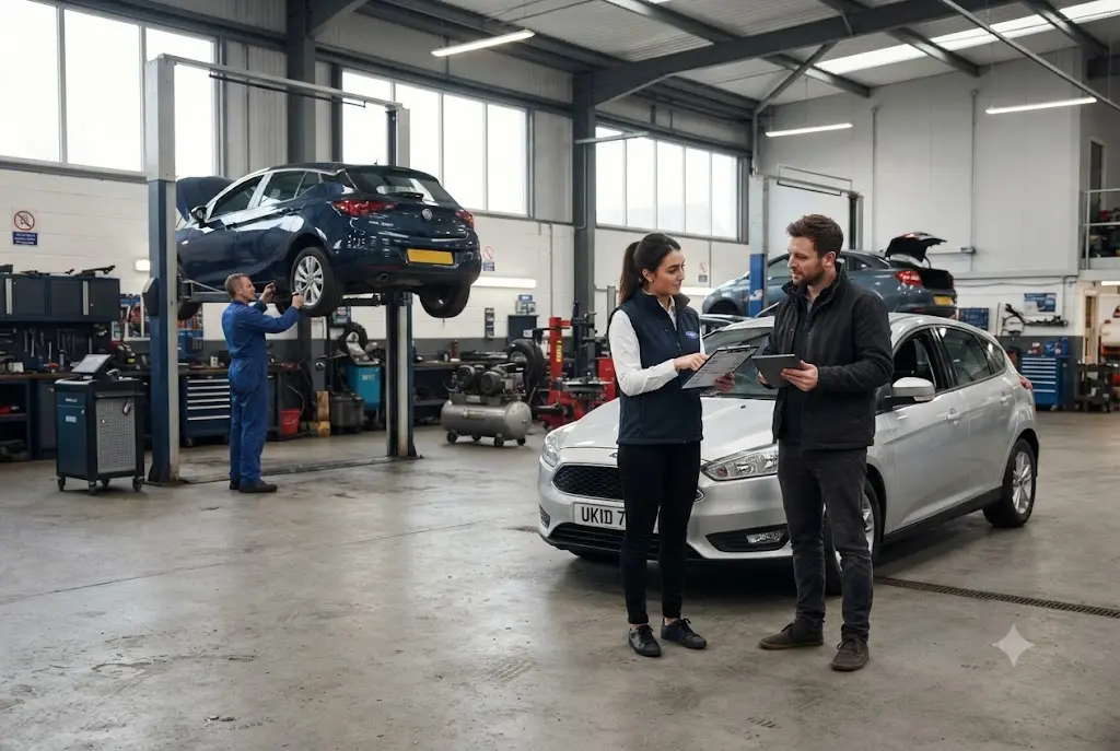 Customer discussing full car service cost UK pricing with a service advisor in a professional garage.