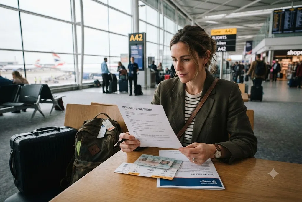Traveller reviewing how long does travel insurance last information before a holiday