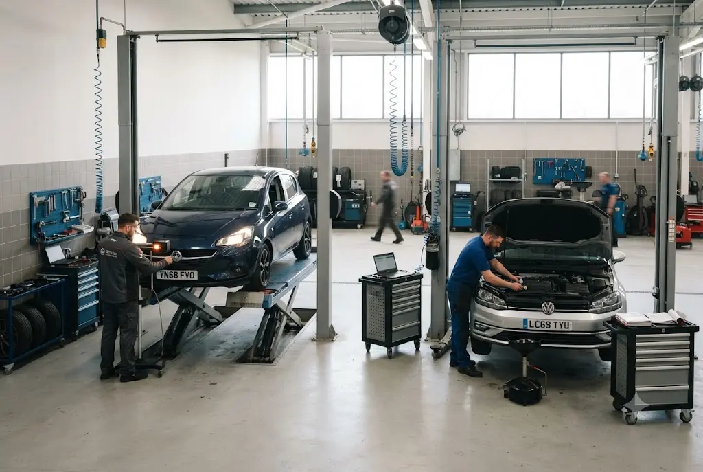 Professional mechanic and MOT tester demonstrating the difference between MOT vs car service in a UK garage.
