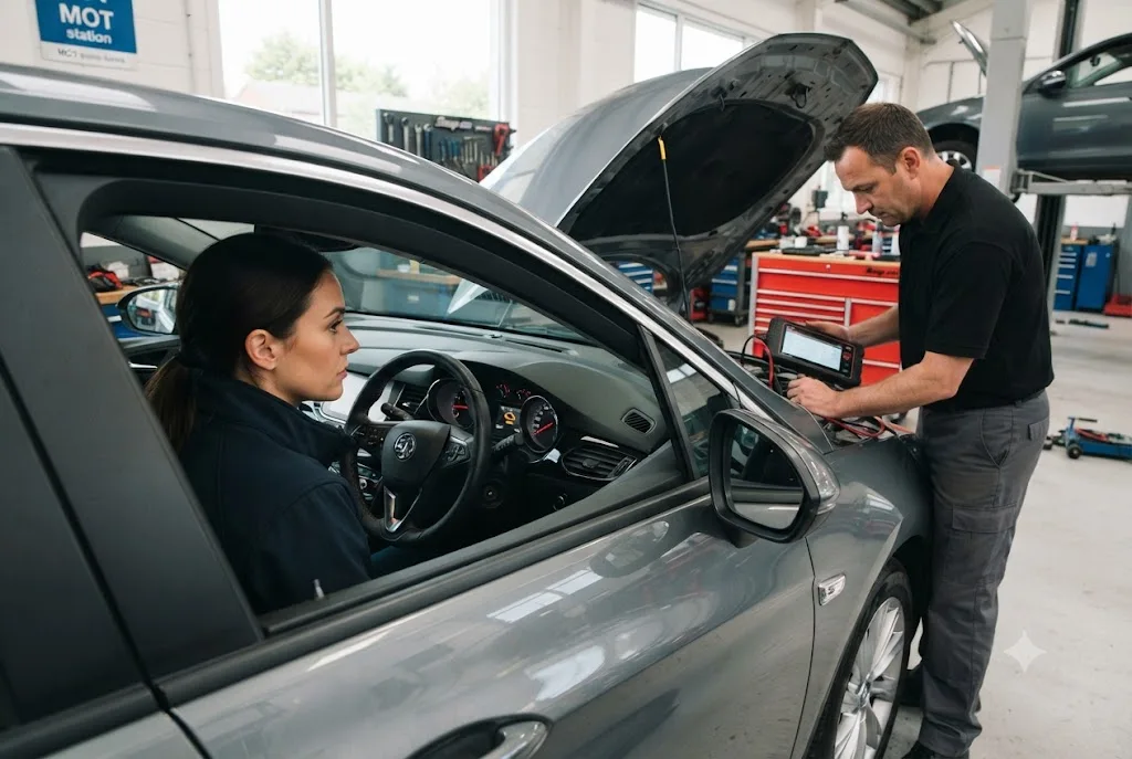 Driver noticing signs your car needs servicing after an engine warning light appears on the dashboard.