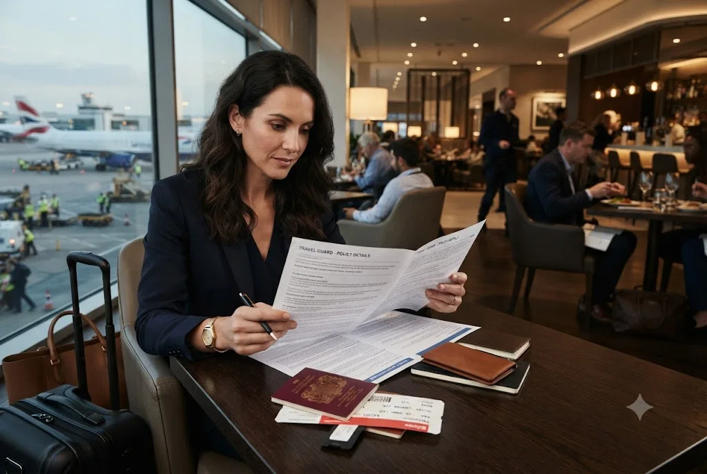 Traveller reviewing travel insurance excess details before departure