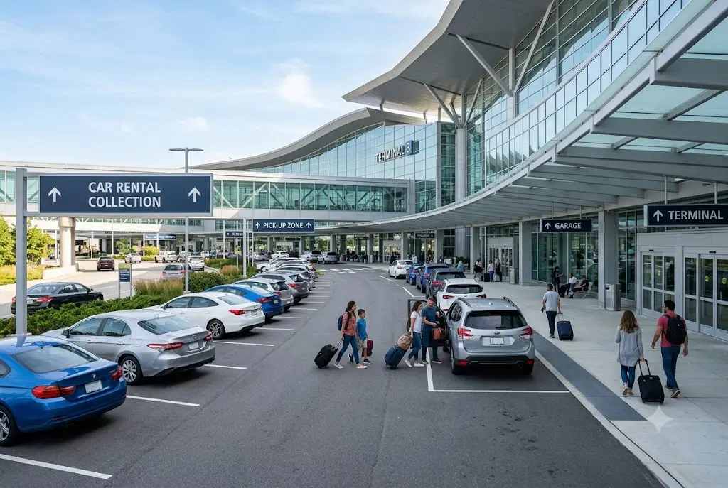 Airport car rental guide showing travellers collecting a rental vehicle at an international airport