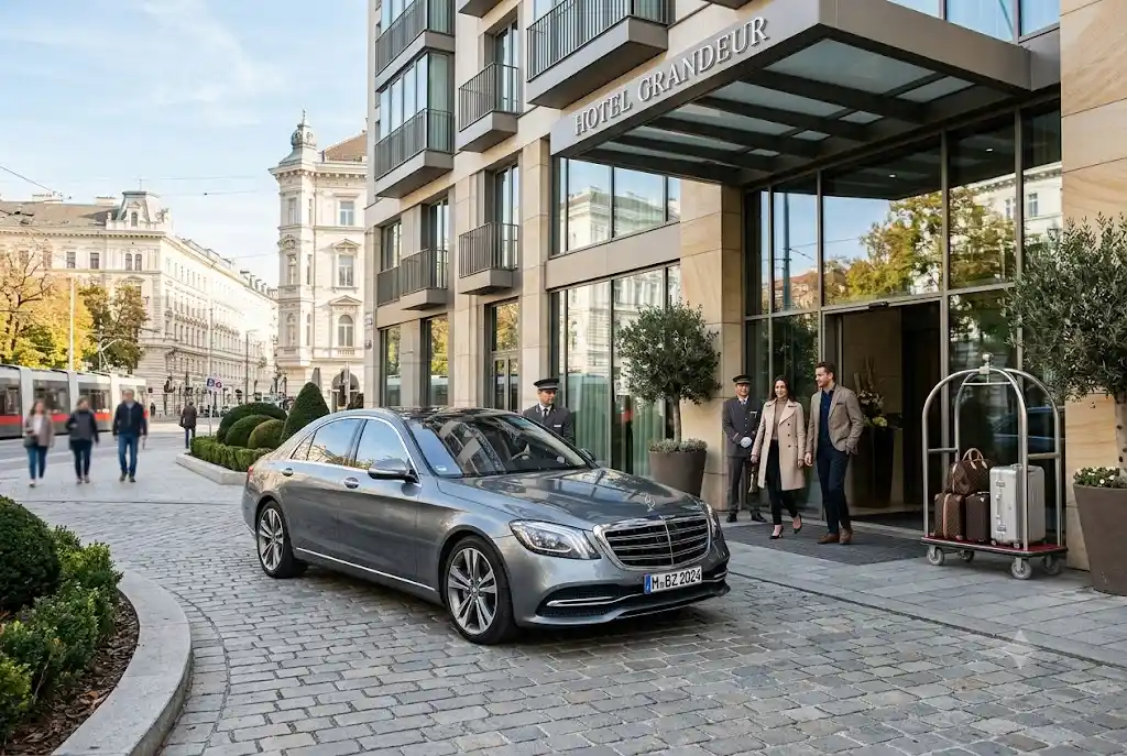 Mercedes Benz rental parked outside a luxury hotel during a premium travel experience