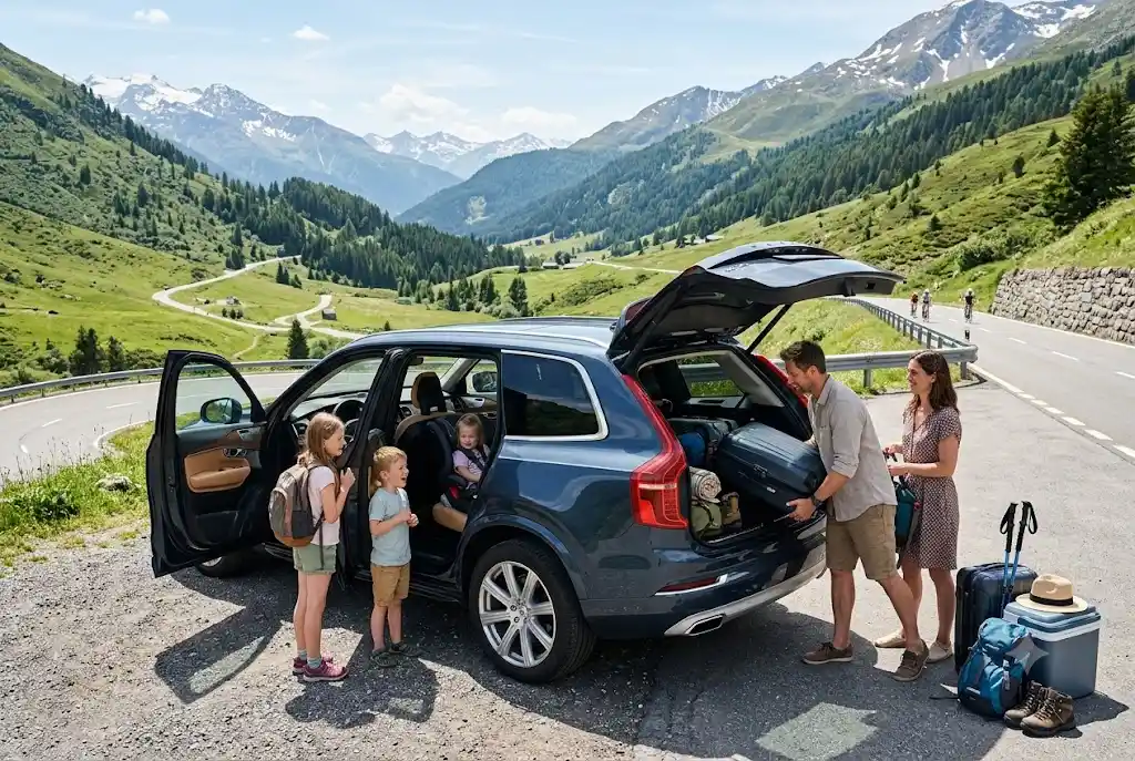 Rental cars that seat 7 parked during a family holiday with luggage beside the vehicle