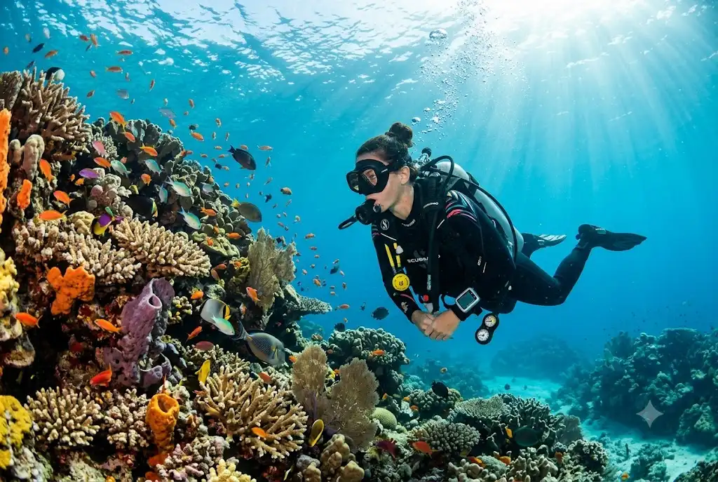 Certified diver using travel insurance including scuba diving during an underwater holiday