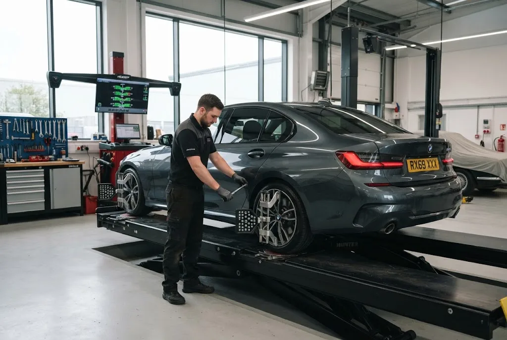 Wheel alignment service for a UK car with professional alignment equipment