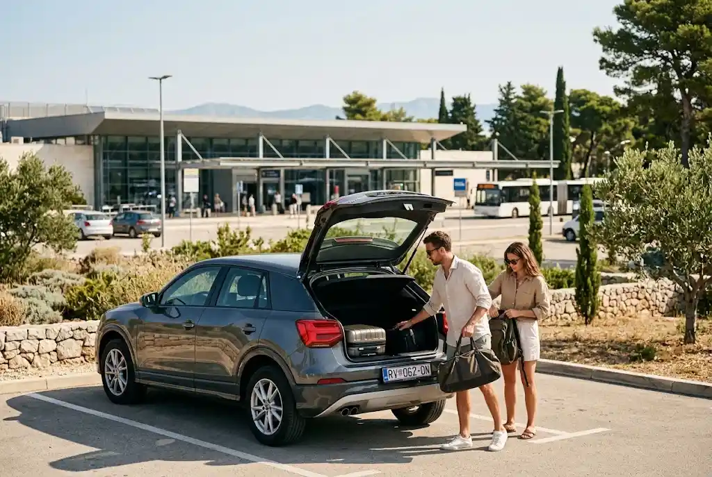 Car rental Croatia Zadar Airport with a rental car outside the terminal