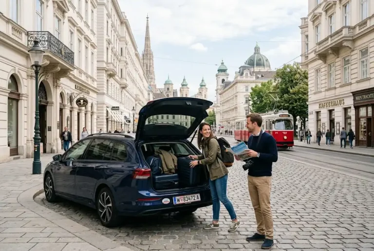 Vienna car rental beside historic Vienna architecture
