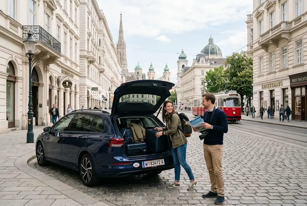 Vienna car rental beside historic Vienna architecture