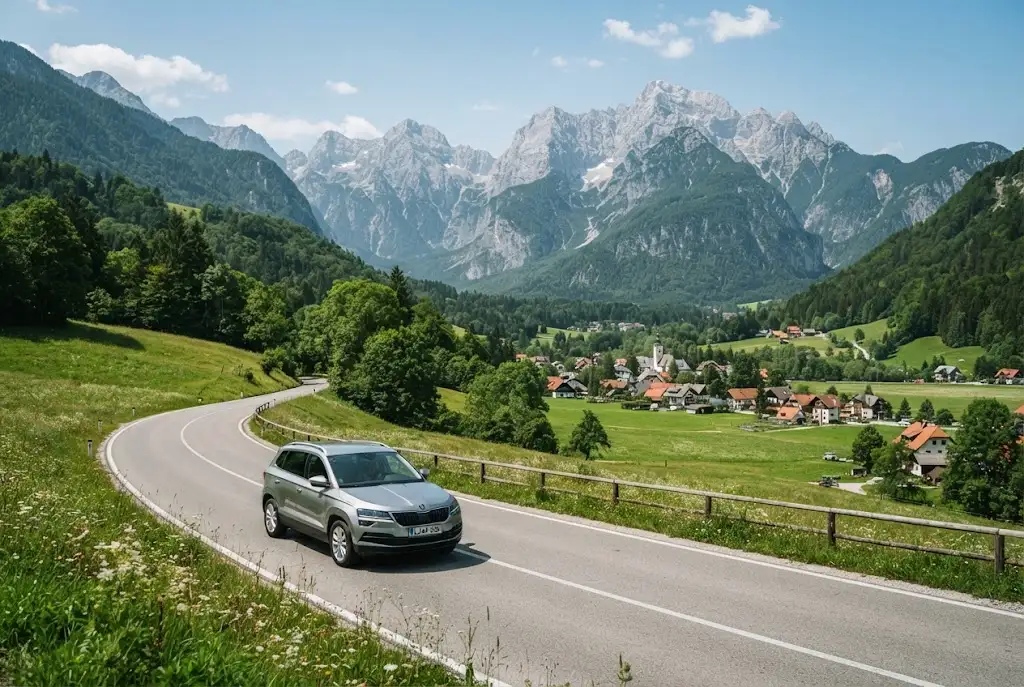 Car rental in Slovenia on a scenic road near the Julian Alps