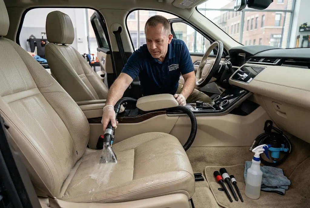 Interior detailing in Chicago with professional cleaning of car seats and upholstery
