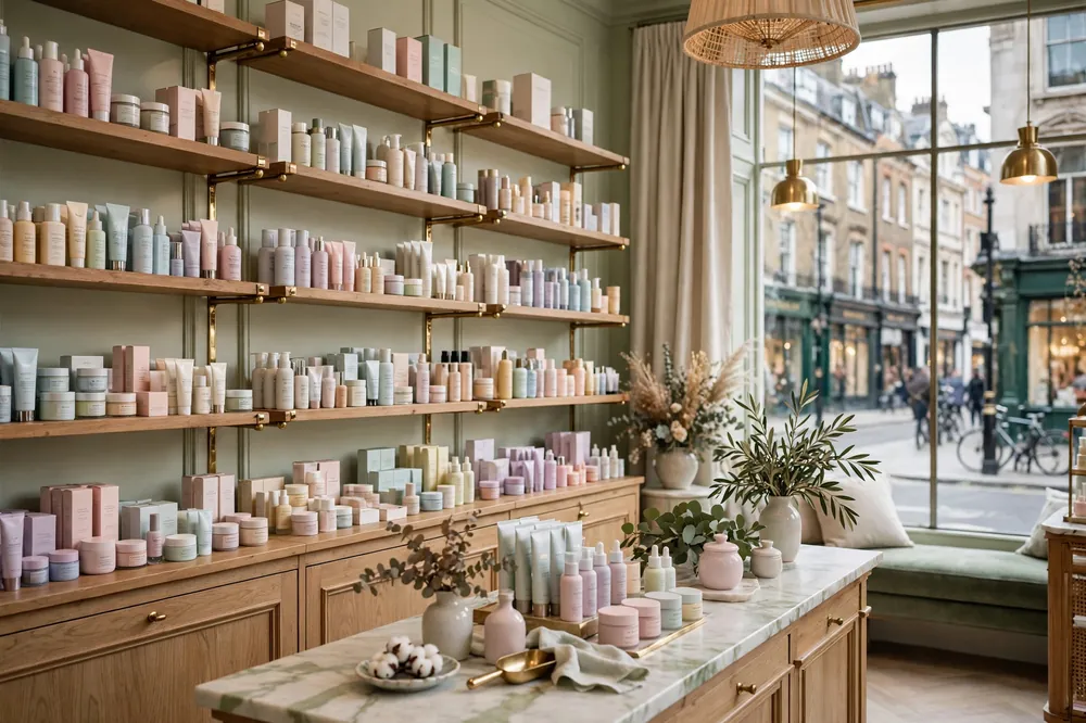 uk beauty brands on shelves in a UK beauty shop